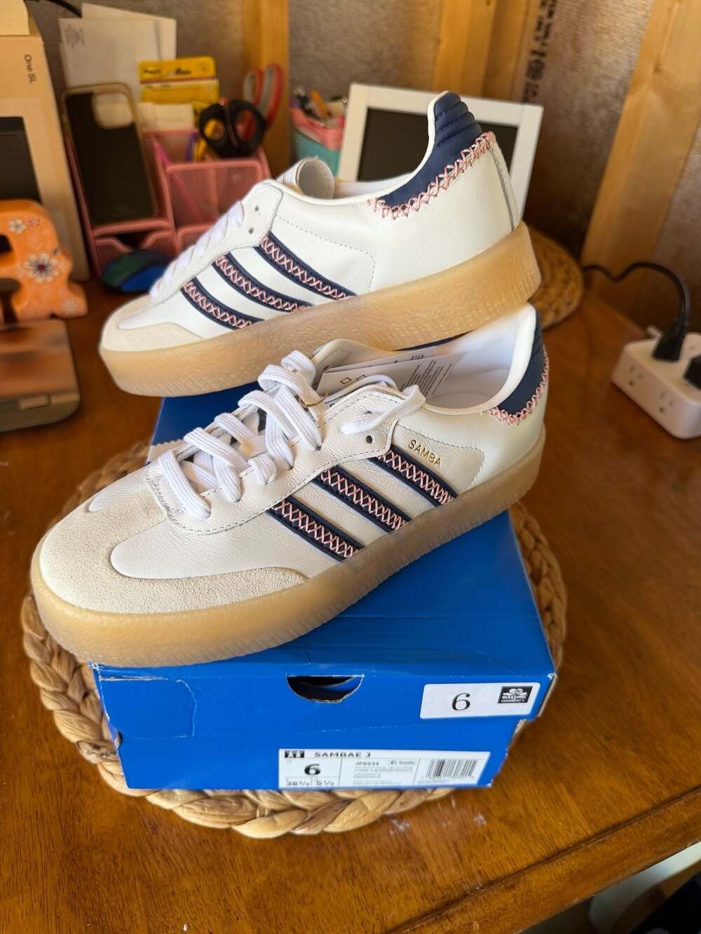 Adidas Sambae J Size 6 White Dark Blue Pink Gum Platform Sneakers